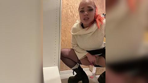 Media: A video of a young woman with light skin and dyed orange hair, squatting in a bathroom. She wears a cream-colored sweater, black shorts, and sheer black stockings. The background features a wooden door and a white toilet.