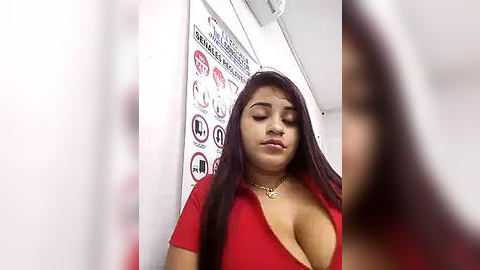 Media: Video of a young woman with long, dark hair, wearing a low-cut red top, standing in a restroom with numerous traffic signs and safety instructions on the wall.