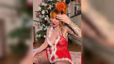 Media: Video of a fair-skinned woman with red hair in a Santa hat, wearing a red lace lingerie bodysuit with white fur trim, sitting on a floor near a decorated Christmas tree, tattoos visible on her arms.