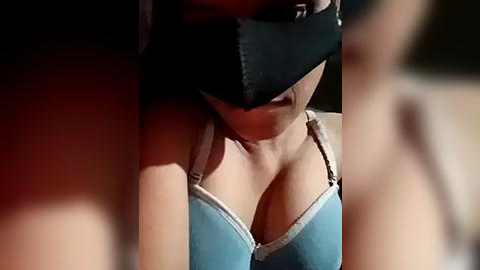 Media: A blurred, close-up photo of a woman in a light blue bra with a black mask covering her face, showcasing her cleavage.