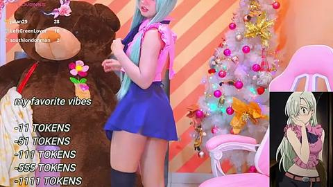 Media: A vibrant video featuring a young anime girl with long turquoise hair, pink backpack, and blue skirt, standing next to a large stuffed bear. In the background, a festive Christmas tree adorned with colorful ornaments.