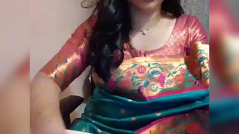 Media: Video of a South Asian woman with long black hair, wearing a bright, multi-colored sari with intricate embroidery and a matching blouse, seated indoors.