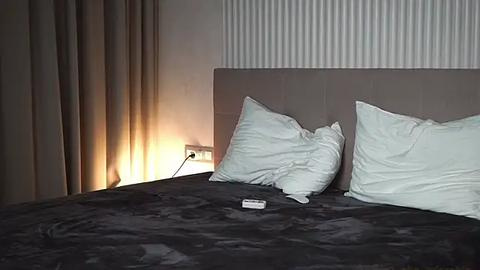 Media: Video of a modern bedroom with a beige upholstered headboard, two white pillows, dark grey bedding, and a small white box on the bed.