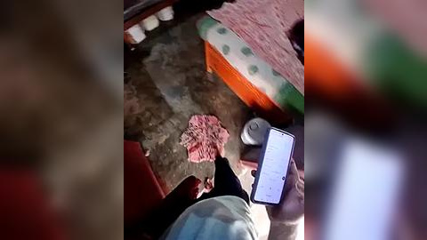 Media: A video showing a person in a red shirt kneeling on a dusty, rugged floor, holding a smartphone with a white screen, with a green and white polka-dotted cushion and a pink object nearby.