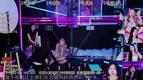 Media: A video captures a lively scene from a Korean reality show, featuring a group of women in a neon-lit room, with vibrant stage lighting and multiple screens displaying various scenes.