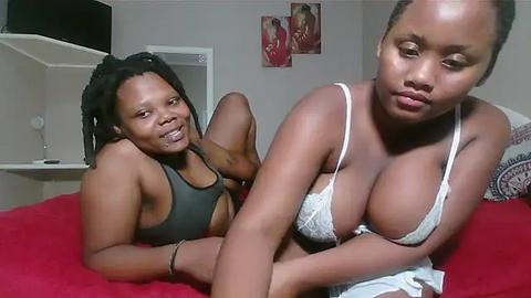 Media: Video of two African-American women in lingerie, one with medium breasts and the other with large breasts, on a red bed, in a bedroom with framed art and a desk.