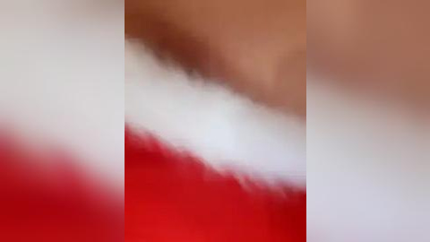 Media: Video of a blurred person lying on a red and white textured surface, possibly a bed or blanket, with soft lighting creating a dreamy, ethereal atmosphere.