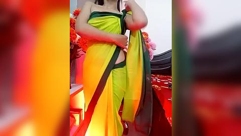 Media: Video of a woman in a yellow and green sari, holding a sari petticoat, standing against a backdrop of red and pink floral decorations, blurred edges, and a bright red bedspread.