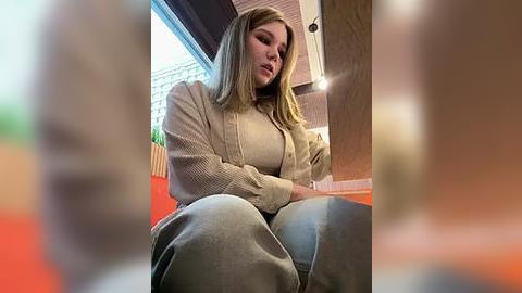 Media: Video of a blonde woman with fair skin, wearing a beige cardigan and gray pants, sitting on a red bench in a modern indoor setting with wooden panels and a blurred background.