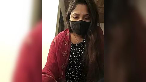 Media: A video shows a young South Asian woman with long, dark hair and a red saree with intricate embroidery, wearing a black mask and a bindi. The background is blurry, with warm lighting.