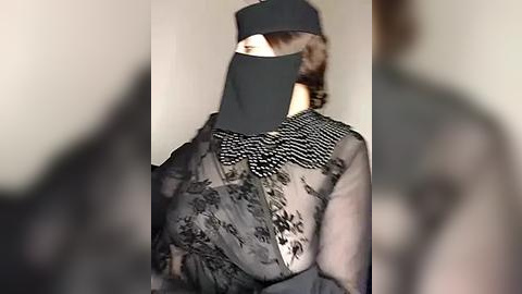 Media: Video of a person dressed in a sheer black lace dress with intricate floral patterns, wearing a black mask that covers the eyes and nose, standing in a dimly lit room with blurred background.