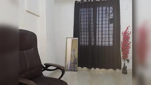 Media: Video of a minimalist living room with a black leather chair, black curtains, a white wall, and a small, artificial red plant on the floor.