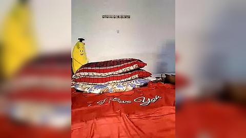 Media: A video of a messy bedroom with a red bedspread, a yellow banana, and a white pillow with \"I Love You\" embroidered.