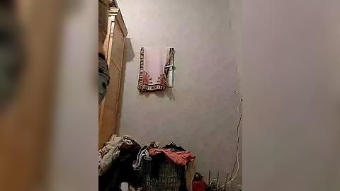 Media: Video of a small, cluttered room with a beige wall and a makeshift bed with blankets and clothes. A red and white blanket hangs above the bed, and a white cord runs along the wall.