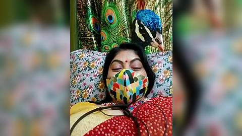 Media: Video of an Indian woman with closed eyes, wearing a colorful face mask and traditional red sari, surrounded by peacock feathers, creating a peaceful, cultural ambiance.