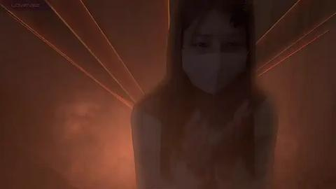 Media: A blurred, dimly-lit video of a woman wearing a surgical mask and a hooded top, standing in a smoke-filled room with glowing red lines.