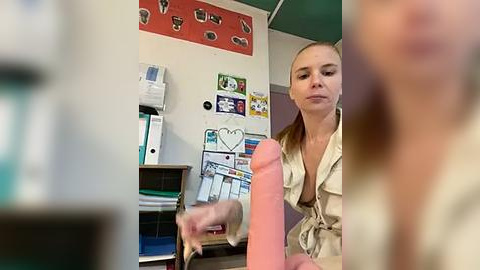 Media: Video of a blonde woman with a ponytail in a beige shirt, sitting at a cluttered desk with papers and a pink dildo, in a classroom with colorful posters and shelves.