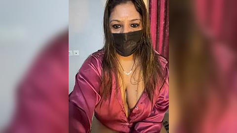 Media: Video of a woman with long brown hair, wearing a black face mask and a pink satin robe, standing indoors with blurred background.