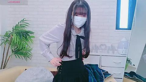 Media: A video shows a young Asian woman in a white blouse, black skirt, and face mask, adjusting her skirt in a modern office with white brick walls, a potted plant, and a desk.