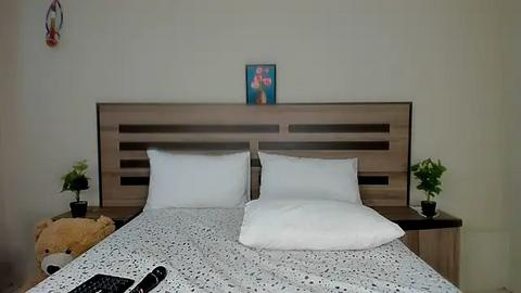 Media: Video of a minimalist bedroom with a wooden headboard, two white pillows, a floral painting, two small green plants, and a remote control on the bed.