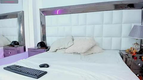 Media: Video of a modern, minimalist bedroom with a white, tufted headboard, a black computer mouse on the bed, and a nightstand with a lamp and a black speaker.