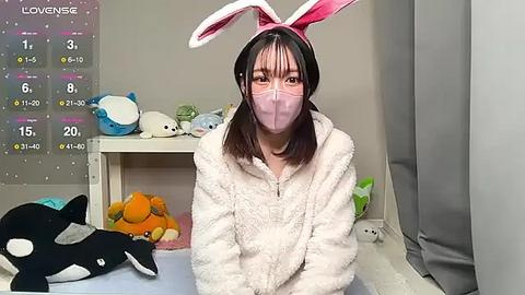 Media: Video of an Asian woman with fair skin, wearing a pink bunny headband, pink mask, and white fluffy hoodie, kneeling in a room filled with plush toys and a calendar.