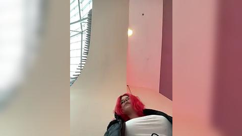 Media: Video of a young woman with bright red hair, wearing a white T-shirt and dark jacket, standing in a modern, minimalist hallway with pink walls and a large, arched window.