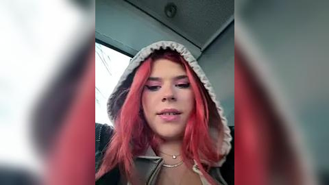 Media: Video of a young woman with long, vibrant pink hair, wearing a gray hoodie, and sitting in a car with a blurred background.