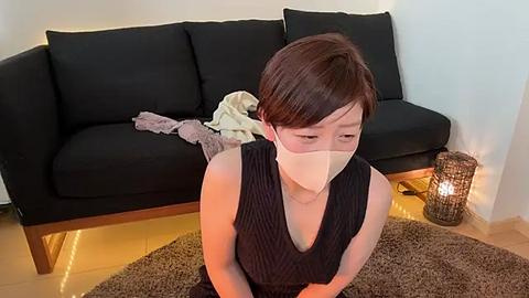 Media: Video of a young Asian woman with short brown hair, wearing a black sleeveless dress, a white mask, and a beige top. She sits on a brown rug in front of a black sofa with a white blanket and a wicker lamp beside it.