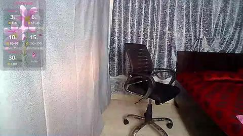 Media: Video of a dimly lit bedroom with a black office chair facing a red bed covered in a white sheet, partially obscured by sheer white curtains.