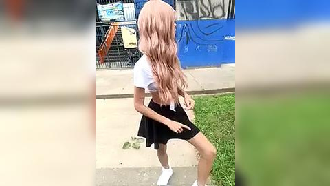 Media: Video of a young girl with long, wavy, pink hair, wearing a white crop top, black skirt, white socks, and white shoes, standing on a concrete sidewalk with graffiti-covered blue wall in the background.