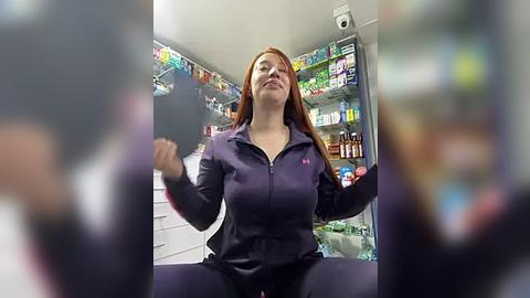 Media: Video of a smiling, red-haired woman in a purple zip-up jacket, sitting on a counter in a brightly lit, organized pharmacy.