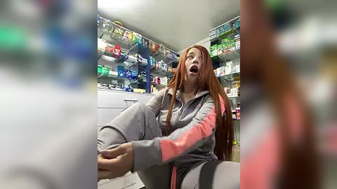 Media: Video of a young woman with long, straight red hair, wearing a grey hoodie and pants, laughing joyfully while sitting on the floor in a brightly lit, organized pharmacy.