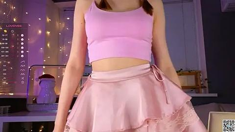 Media: Video of a slender, fair-skinned woman with brown hair, wearing a pink crop top and ruffled pink skirt, standing indoors with a city skyline background and string lights.