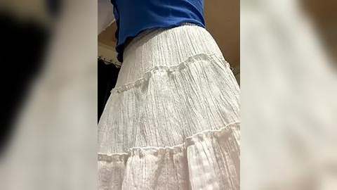 Media: Video of a woman's lower body, wearing a white, ruffled, pleated skirt over a blue top, against a blurred indoor background.