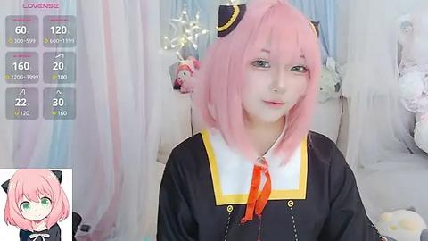 Media: Video of a young woman with pink hair, wearing a black sailor school uniform with a white collar and red tie. Background features pastel-colored curtains, stuffed animals, and a \"Love Live!\" overlay.
