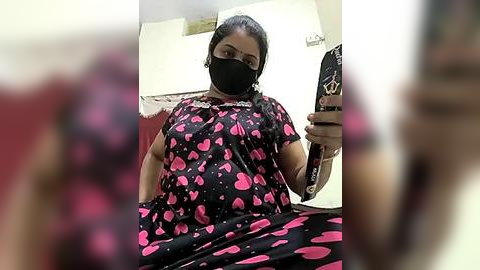 Media: A video of a plus-sized South Asian woman in a black and pink heart-patterned top and matching pants, wearing a black face mask, taking a selfie in a brightly lit room.