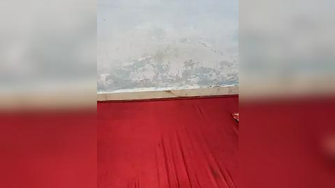 Media: Video of a dilapidated ceiling with peeling white paint, contrasting with a vibrant red floor. The ceiling's texture is rough and uneven, while the floor appears smooth and unblemished.