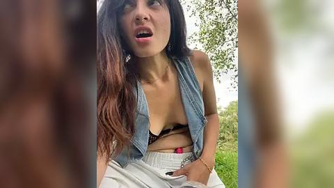 Media: A young woman with long dark hair, fair skin, and a black bra, is seen outdoors in a park, wearing a denim vest and white shorts. She looks surprised or shocked.