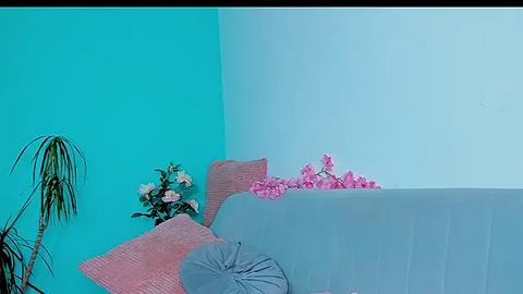 Media: Video of a minimalist, light blue room with a grey couch, pink cushions, and a vase of pink flowers. The wall transitions from light blue to white.