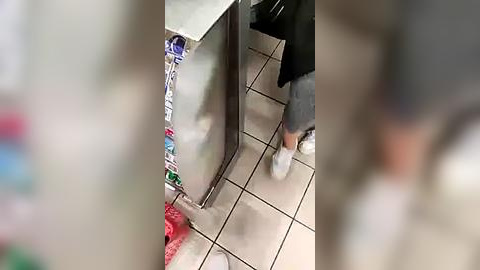 Media: Video of a person with long hair, wearing a black jacket and jeans, standing near a stainless steel trash can with colorful bags. The floor is tiled, and the scene is indoors.