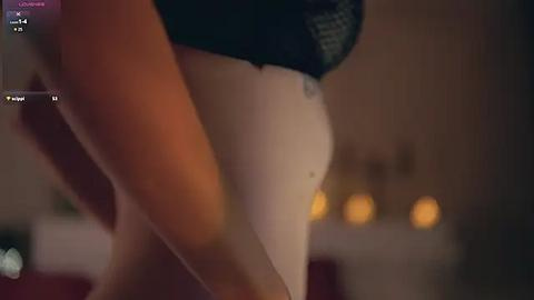 Media: Video of a close-up of a woman's torso, wearing a black bra and white panties, with a blurred background featuring warm lighting and indistinct objects.