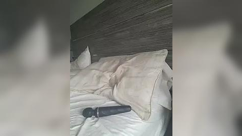 Media: A video of a messy bedroom with a wooden headboard and unmade bed, featuring white pillows and sheets, and a black vibrator on the bed.