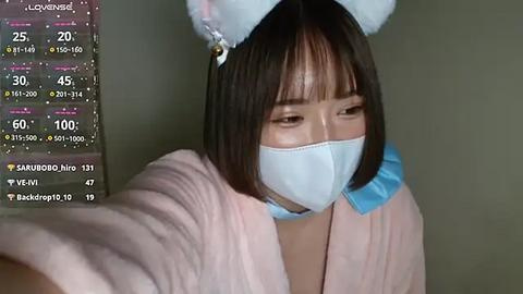 Media: A video of an East Asian woman with a pink robe, bunny ears, and a blue surgical mask, holding a thermometer in front of a green wall.