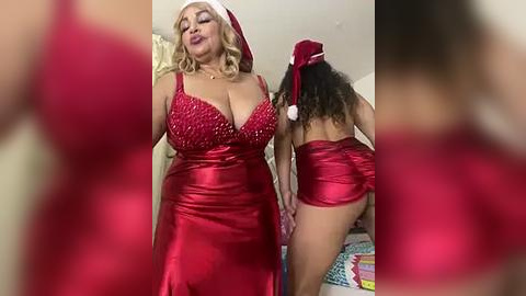 Media: Video of a voluptuous, blonde woman in a shiny red dress with a Santa hat, posing provocatively. Another woman, with curly hair and a red dress, is partially visible in the background.