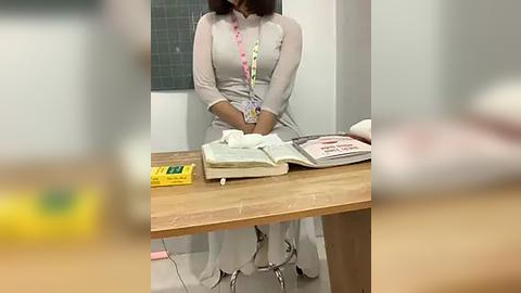 Media: Video of a woman with medium brown skin and shoulder-length brown hair, wearing a gray dress and a pink lanyard, sitting at a wooden table with a yellow box, book, and white cloth, in a modern room with a green tiled wall.