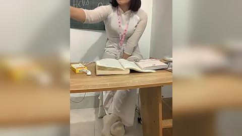 Media: Video of an Asian woman with shoulder-length black hair, wearing a white long-sleeved shirt and beige pants, seated at a wooden desk in a classroom, holding a book and pen.