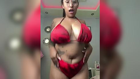 Media: A video of a plus-sized woman with dark skin, wearing a red bikini, standing in a bedroom with pink lighting, framed by a blurry out-of-focus foreground.