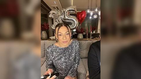 Media: Video of a woman with dark hair, wearing a silver sequined dress, sitting indoors on a couch, surrounded by silver heart-shaped balloons, red flowers, and a 25th birthday sign.