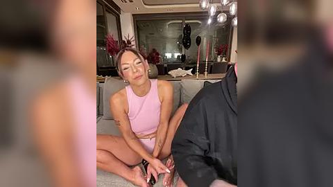 Media: Video of a light-skinned woman with medium-length hair in a light pink crop top and shorts, sitting on a gray couch in a modern living room with a chandelier.